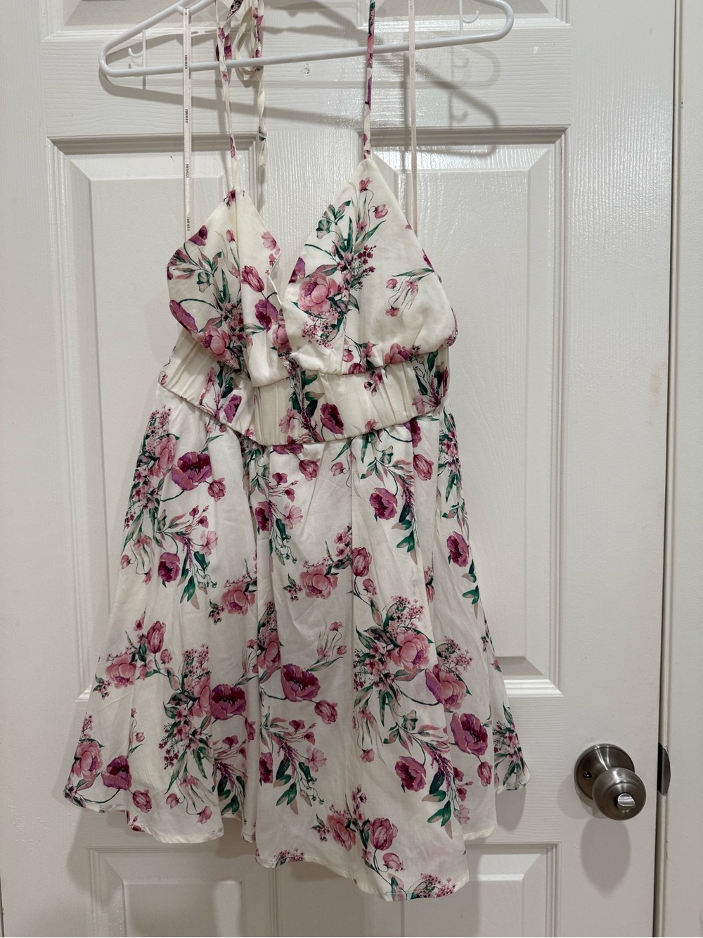 Forever 21 Cream Halter Backless Dress with Pink Floral Print